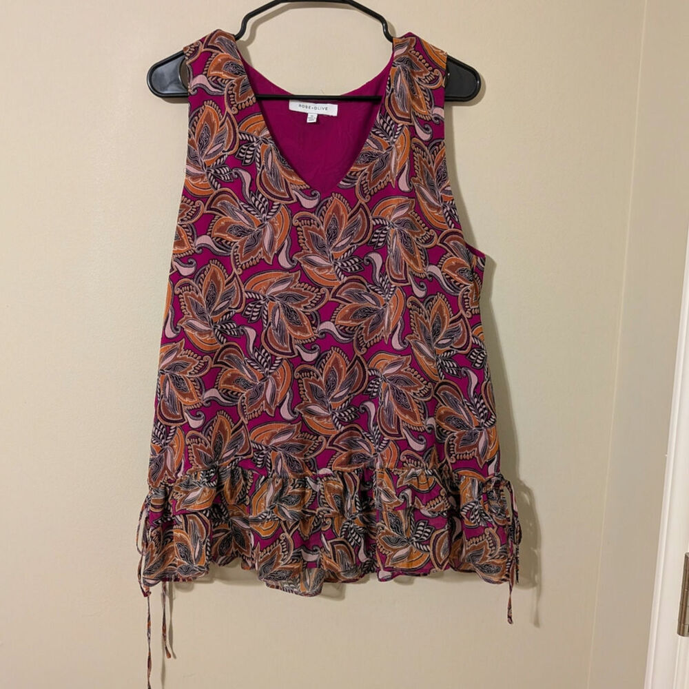 Boho Paisley Pink And Orange Babydoll Silhouette With Ruffle at Hem And Bow Ties - Picture 1 of 8